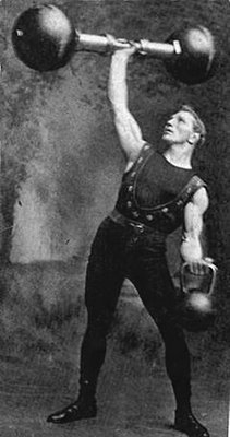 Vintage man lifting barbell and kettlebell illustration.
