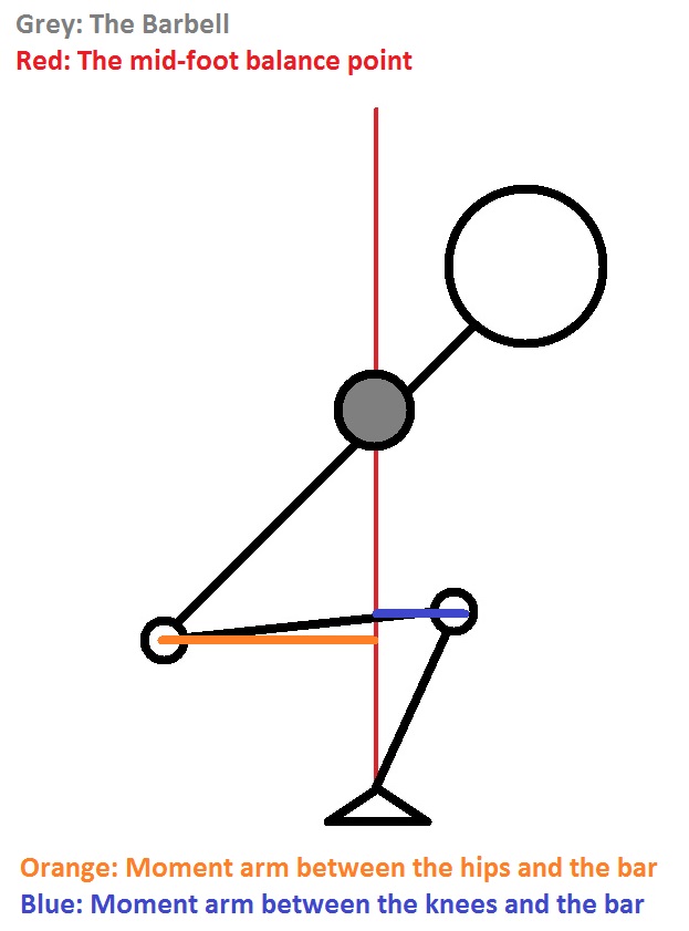 When the knees come forward, it increases leverage at the knee joint and decreases leverage at the hip joint by elongating and shortening each respective moment arm. For more on the physics, see the powerlifting technique series. When the knees come forward, it increases leverage at the knee joint and decreases leverage at the hip joint by elongating and shortening each respective moment arm. For more on the physics, see the powerlifting technique series.