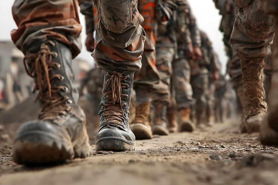 Soldiers walking on the road, closeup of legs and boots